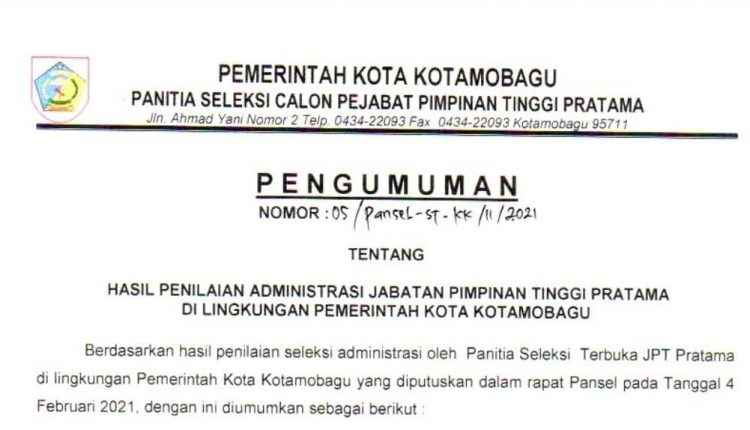 Calon JPT yang Lulus Penilaian Administrasi