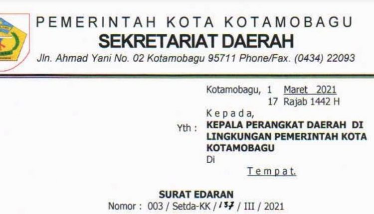 Pemkot Kotamobagu Keluarkan SE Hari Libur Nasional Tahun 2021